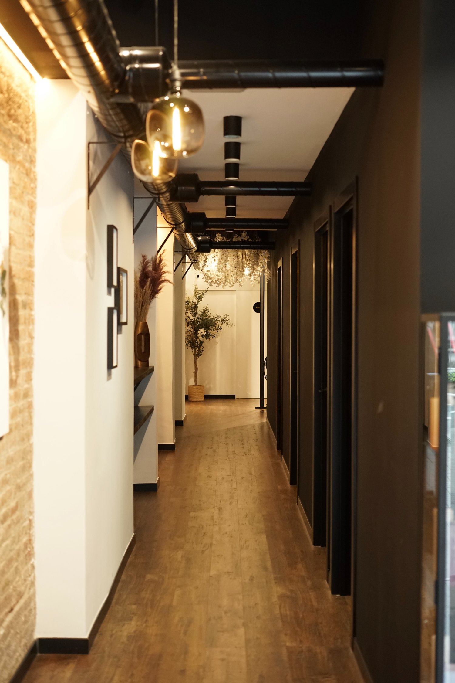 Interior de la clínica THERAN — corredor con iluminación cálida
